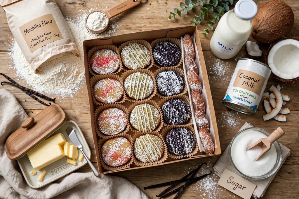 Box of assorted Mochi Oven mochi cakes with mochiko flour, butter, coconut milk and sugar