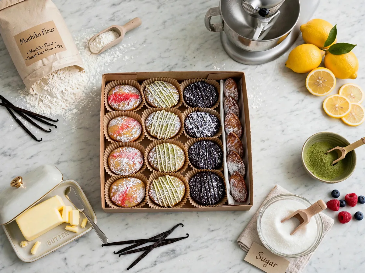 The Mochi Oven Sampler full box with 4 Classic Butter, 4 Citrus Matcha, and 4 Velvety Ube, plus 6 Mochi Maddies