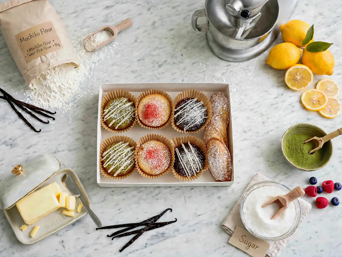 The Mochi Oven Sampler half box with 2 Classic Butter, 2 Citrus Matcha, and 2 Velvety Ube, plus 4 Mochi Maddies